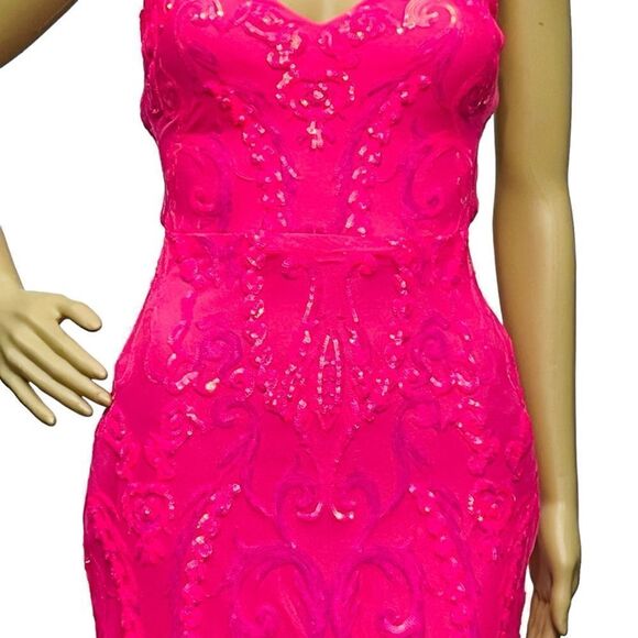 B. Darlin Pink Dress Pattern Sequin V-Neck Spaghetti Straps Maxi Gown 3-4 - Picture 4 of 16